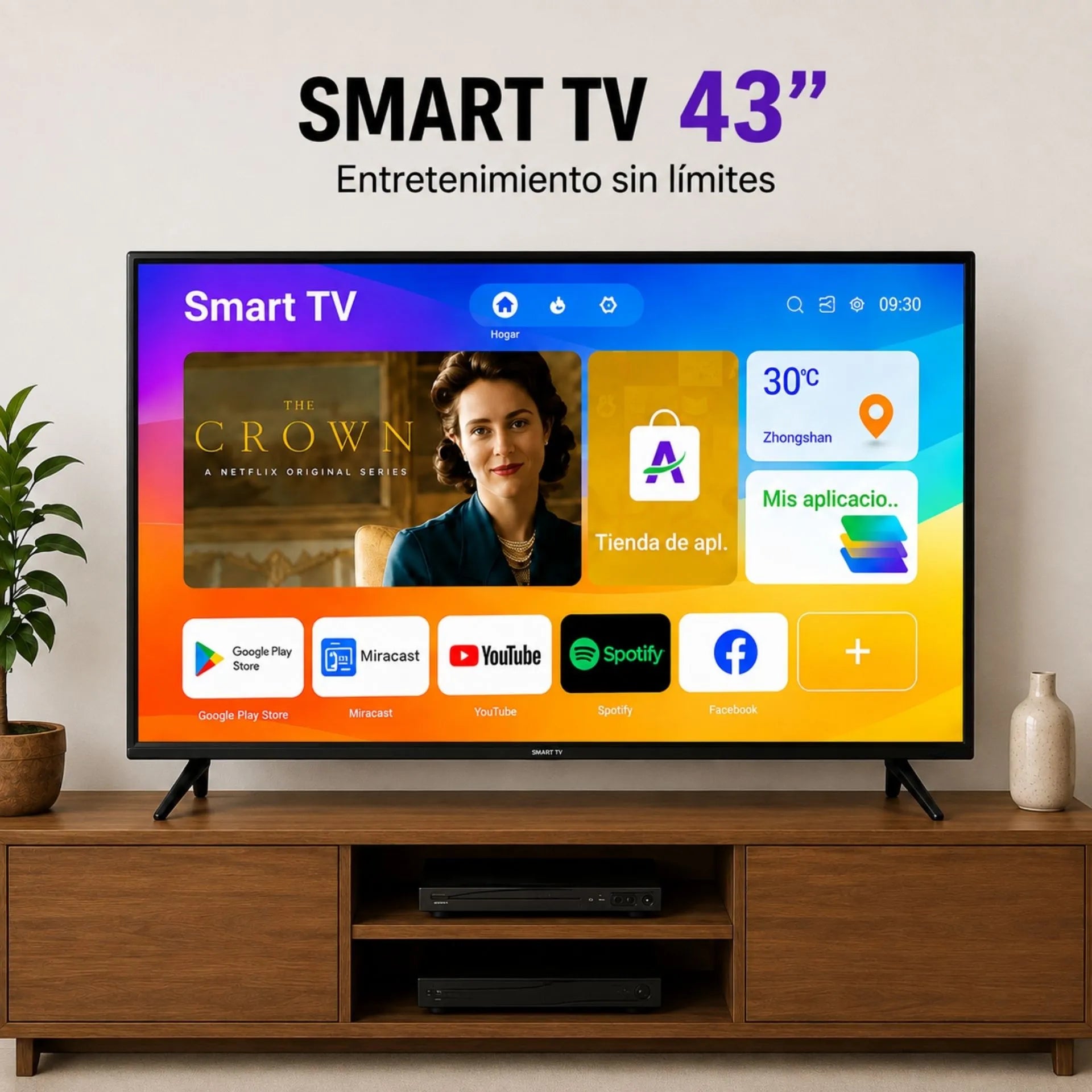 Televisor Smart TV 43 Pulgadas Android 14 Con Control Inalámbrico y Vidrio Templado 43