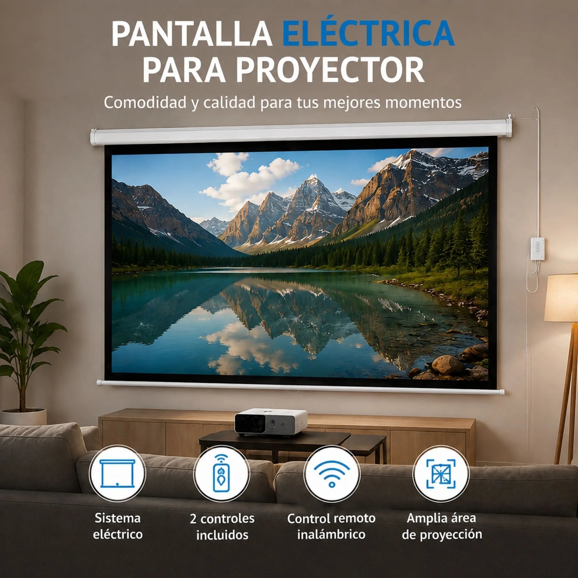 Telón Eléctrico Para Proyector De Hasta 100 Pulgadas 2 x 1.65 m Con Control Remoto 653-C