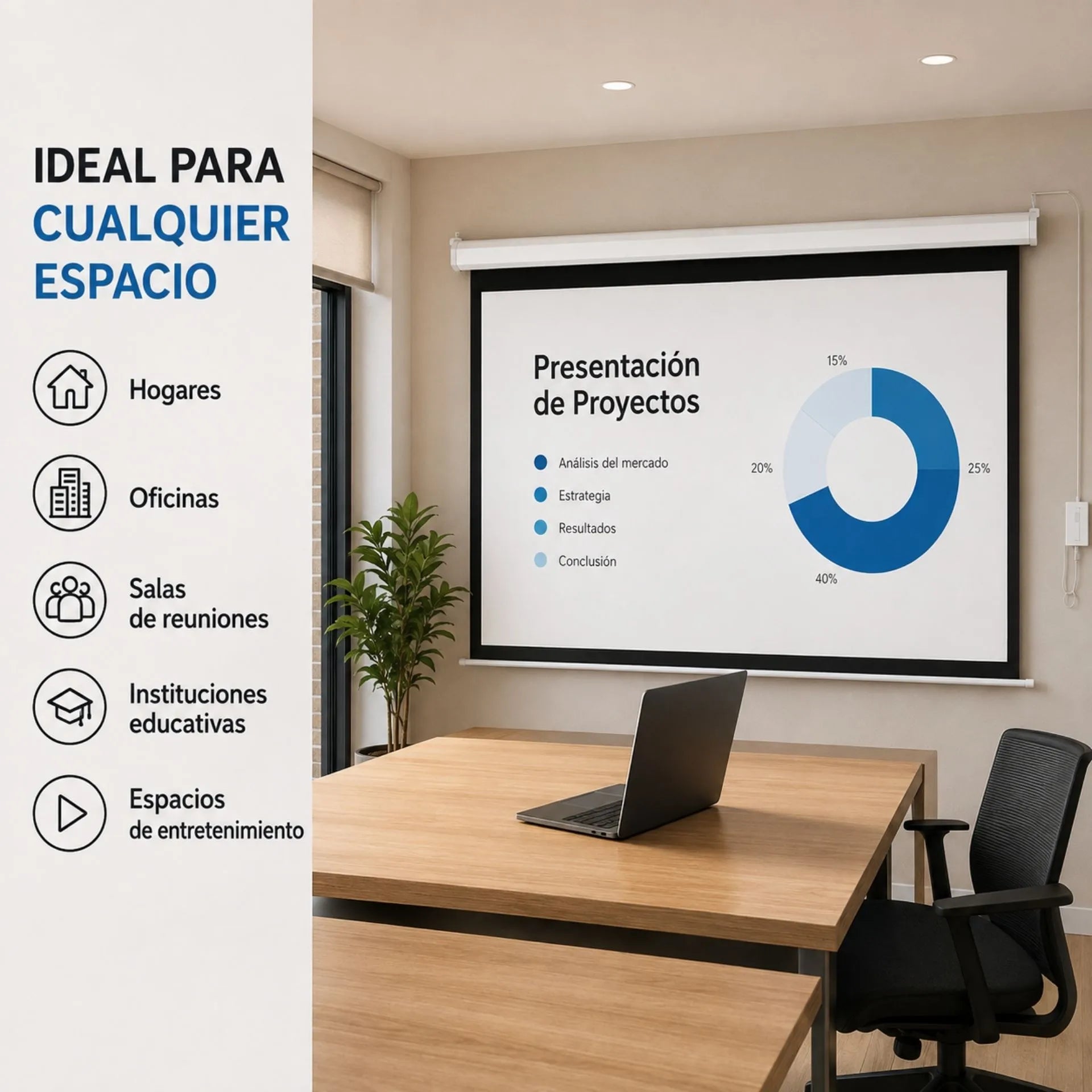 Telón Eléctrico Para Proyector De Hasta 100 Pulgadas 2 x 1.65 m Con Control Remoto 653-C
