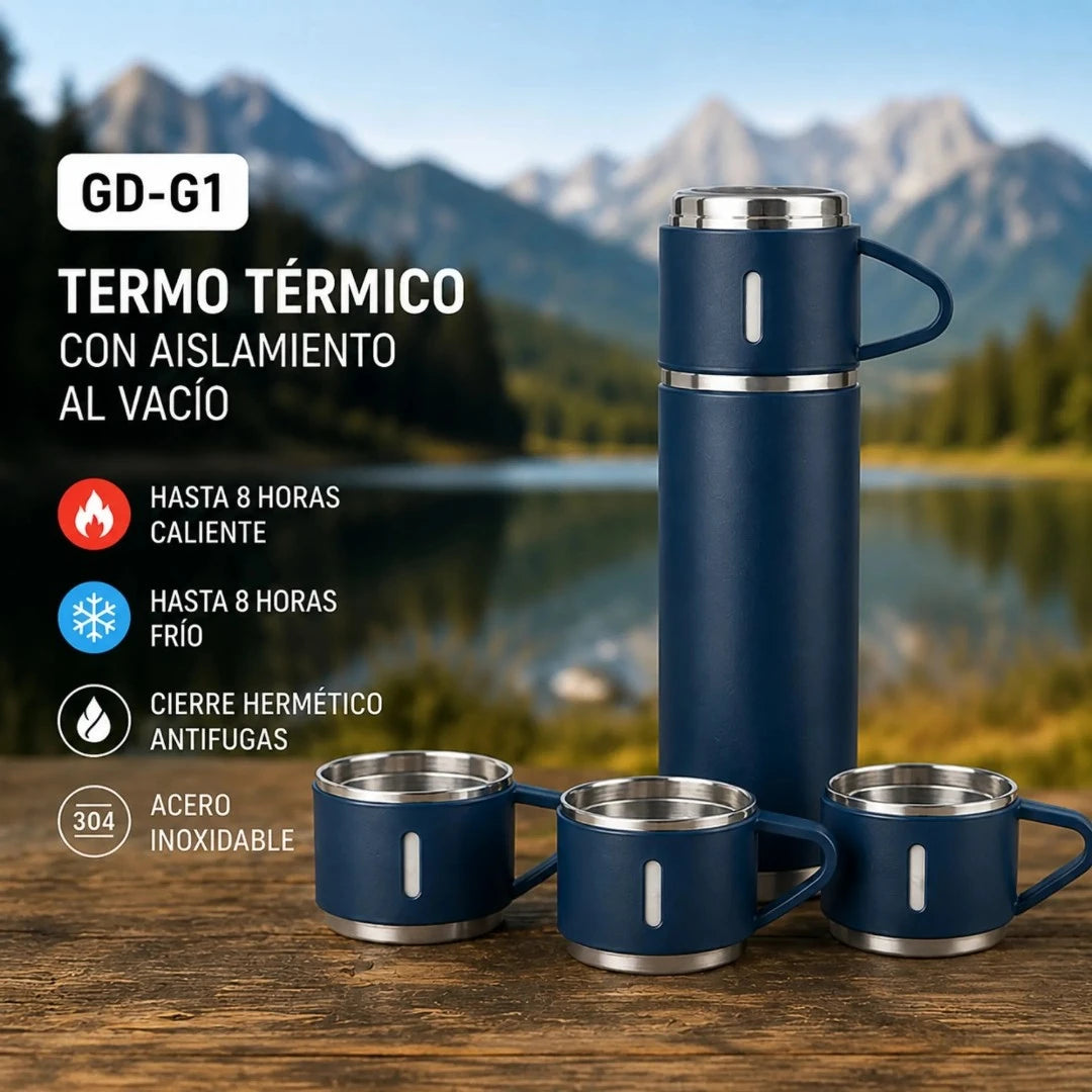 Termo Térmico En Acero Inoxidable Con 3 Tazas Y Aislamiento Al Vacío GD-G1