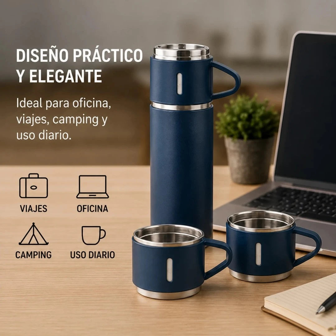 Termo Térmico En Acero Inoxidable Con 3 Tazas Y Aislamiento Al Vacío GD-G1