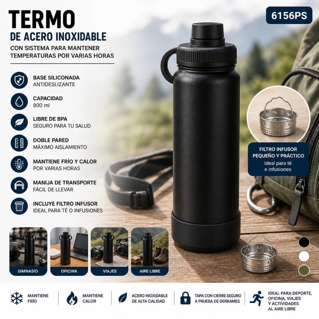 Termo En Acero Inoxidable 800ML Con Aislamiento Térmico 12 Horas Tapa Deportiva E Infusor 6156PS