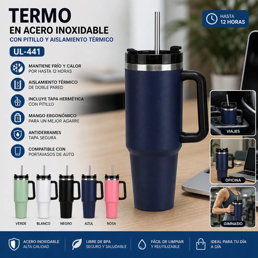 Termo En Acero Inoxidable Con Pitillo Y Aislamiento Térmico Doble Pared Con Manija Baihuo City UL-441