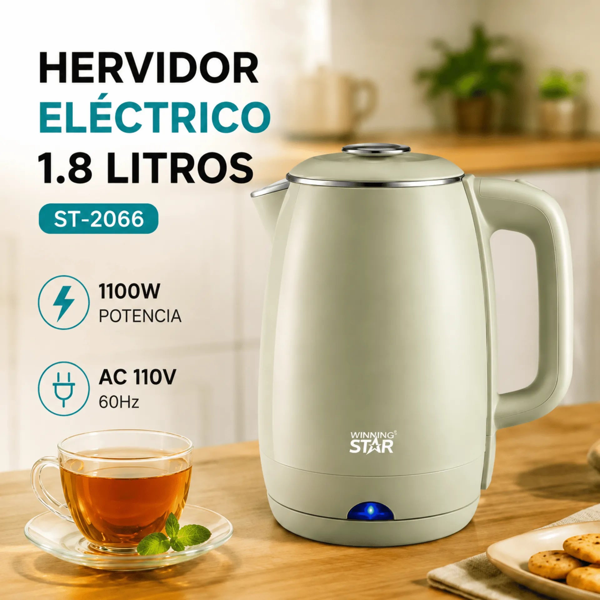 Hervidor Eléctrico Winning Star 1.8L 1100W Con Base Giratoria 360° ST-2066