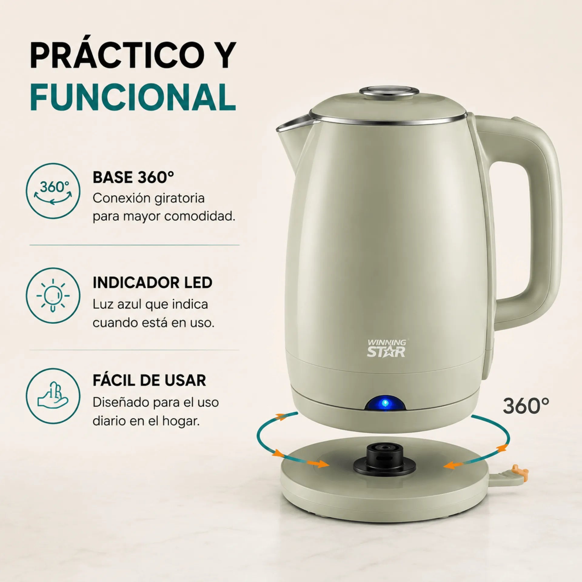 Hervidor Eléctrico Winning Star 1.8L 1100W Con Base Giratoria 360° ST-2066