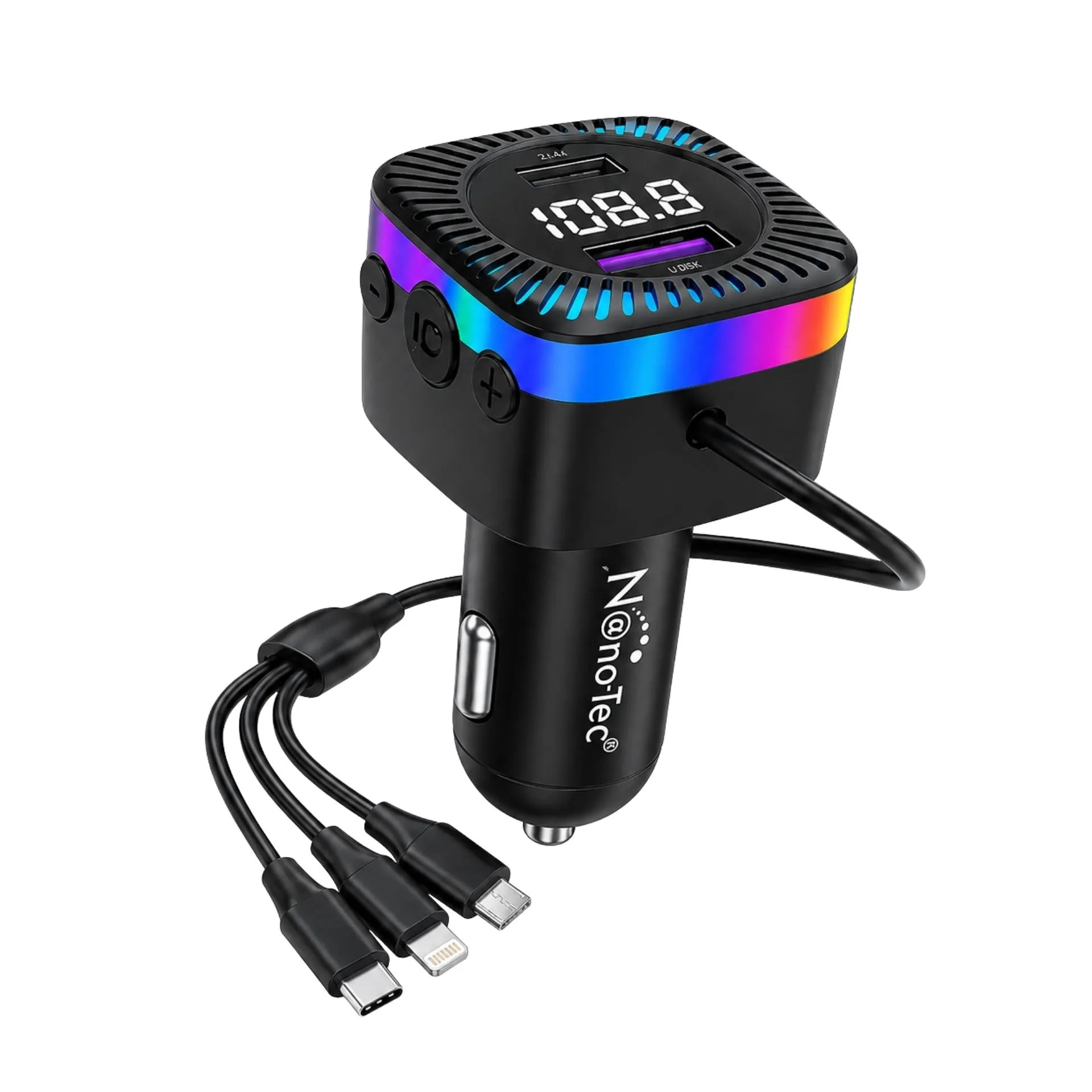 Cargador Para Carro 3 En 1 Nano-Tec Con Transmisor FM, Bluetooth Y Cables Integrados NT-TF704
