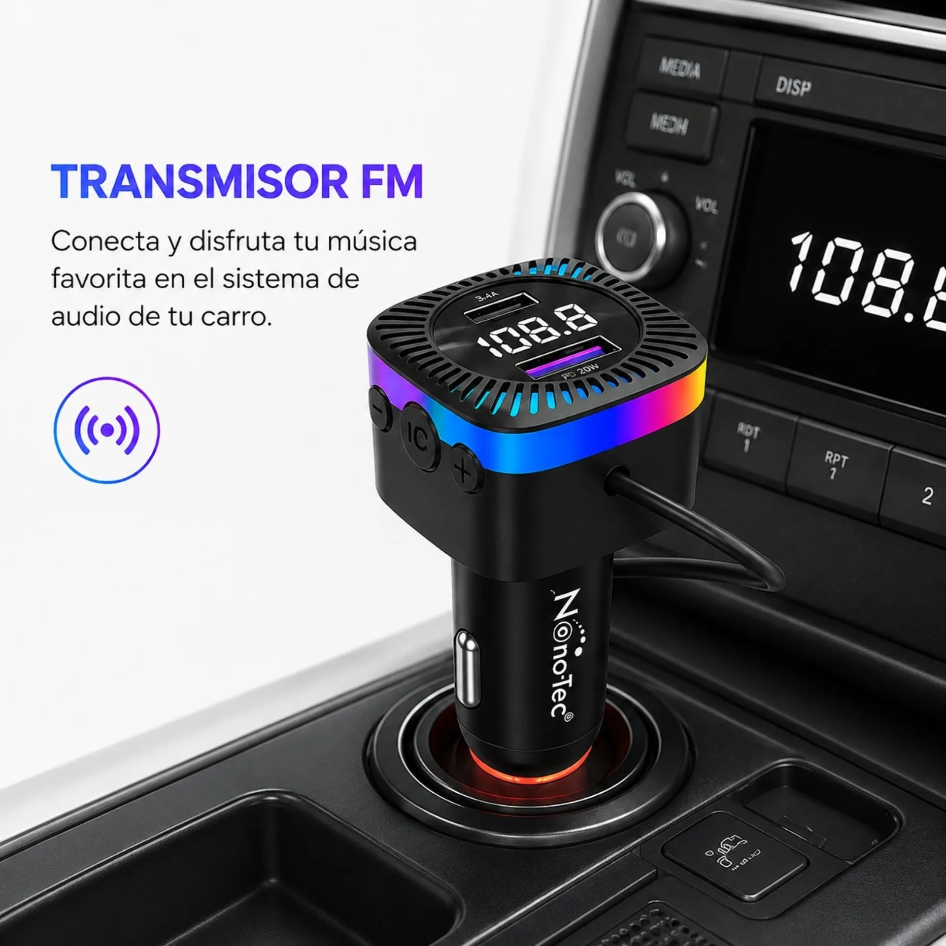 Cargador Para Carro 3 En 1 Nano-Tec Con Transmisor FM, Bluetooth Y Cables Integrados NT-TF704