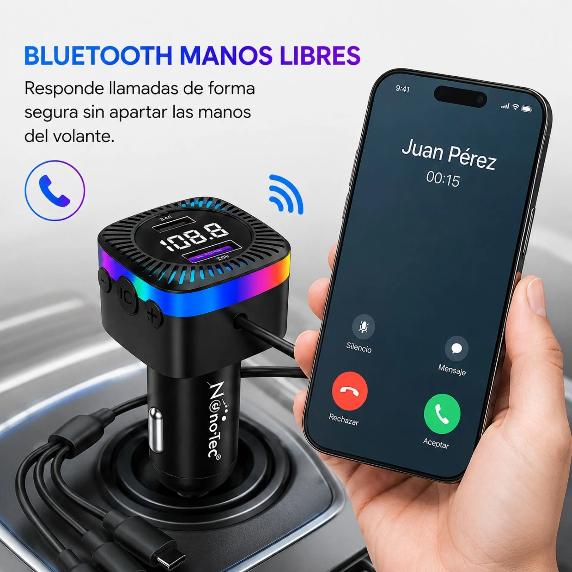 Cargador Para Carro 3 En 1 Nano-Tec Con Transmisor FM, Bluetooth Y Cables Integrados NT-TF704