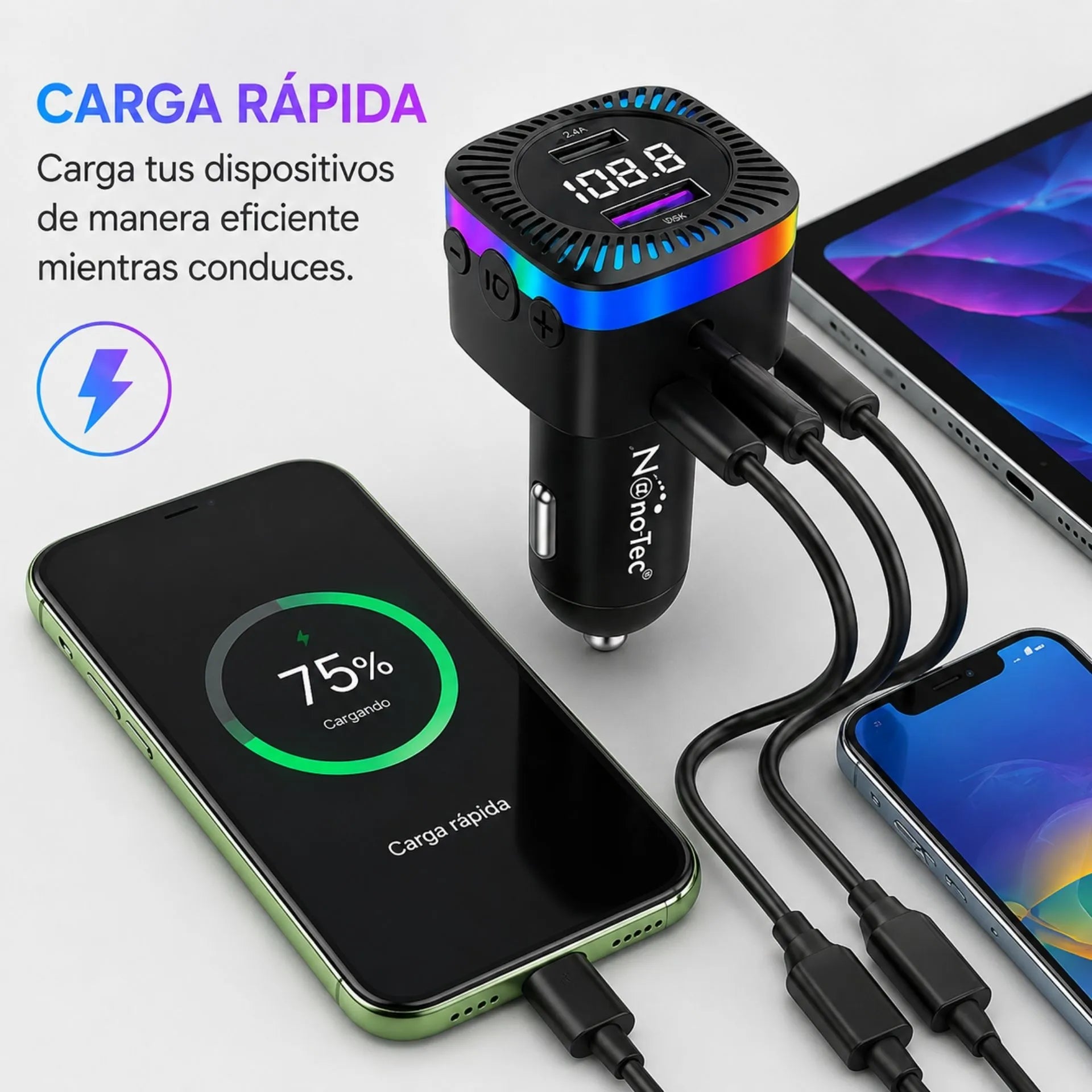 Cargador Para Carro 3 En 1 Nano-Tec Con Transmisor FM, Bluetooth Y Cables Integrados NT-TF704