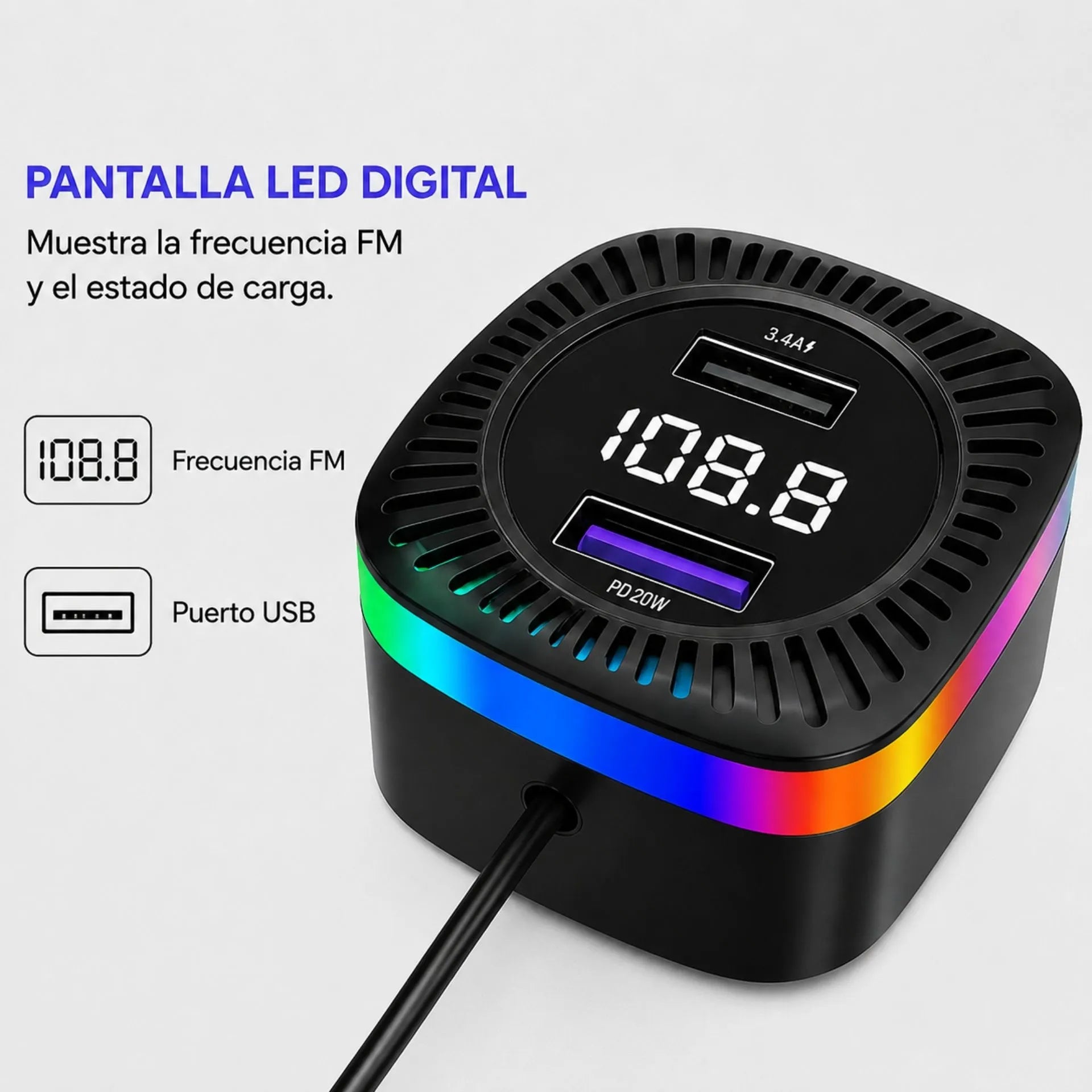 Cargador Para Carro 3 En 1 Nano-Tec Con Transmisor FM, Bluetooth Y Cables Integrados NT-TF704