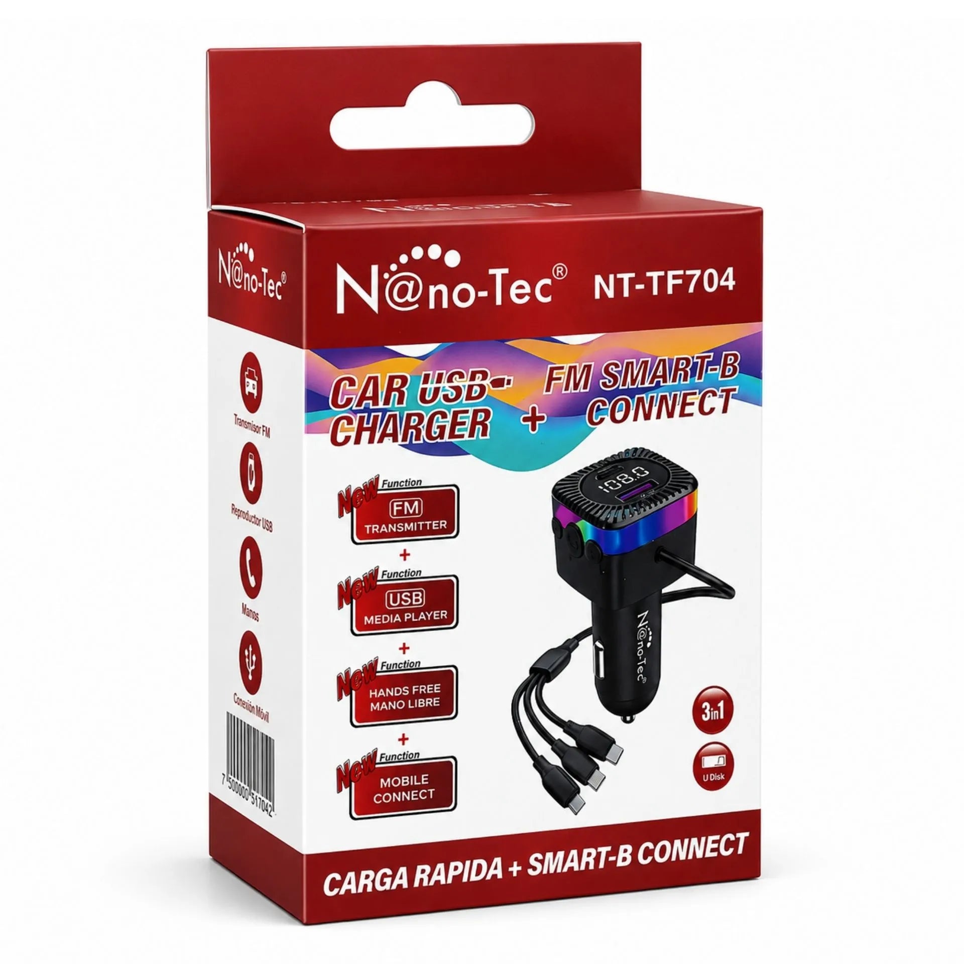 Cargador Para Carro 3 En 1 Nano-Tec Con Transmisor FM, Bluetooth Y Cables Integrados NT-TF704