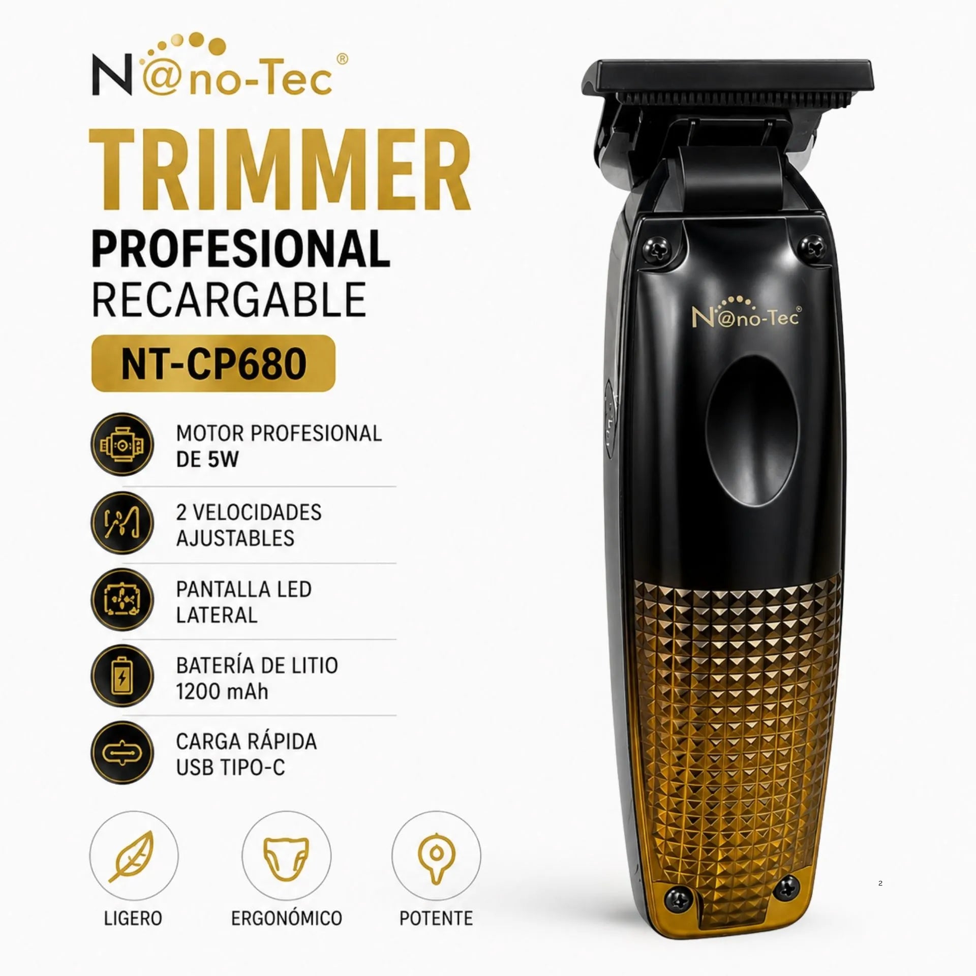 Trimmer Profesional Recargable Con Pantalla LED y Peines Guía Nano-Tec NT-CP680
