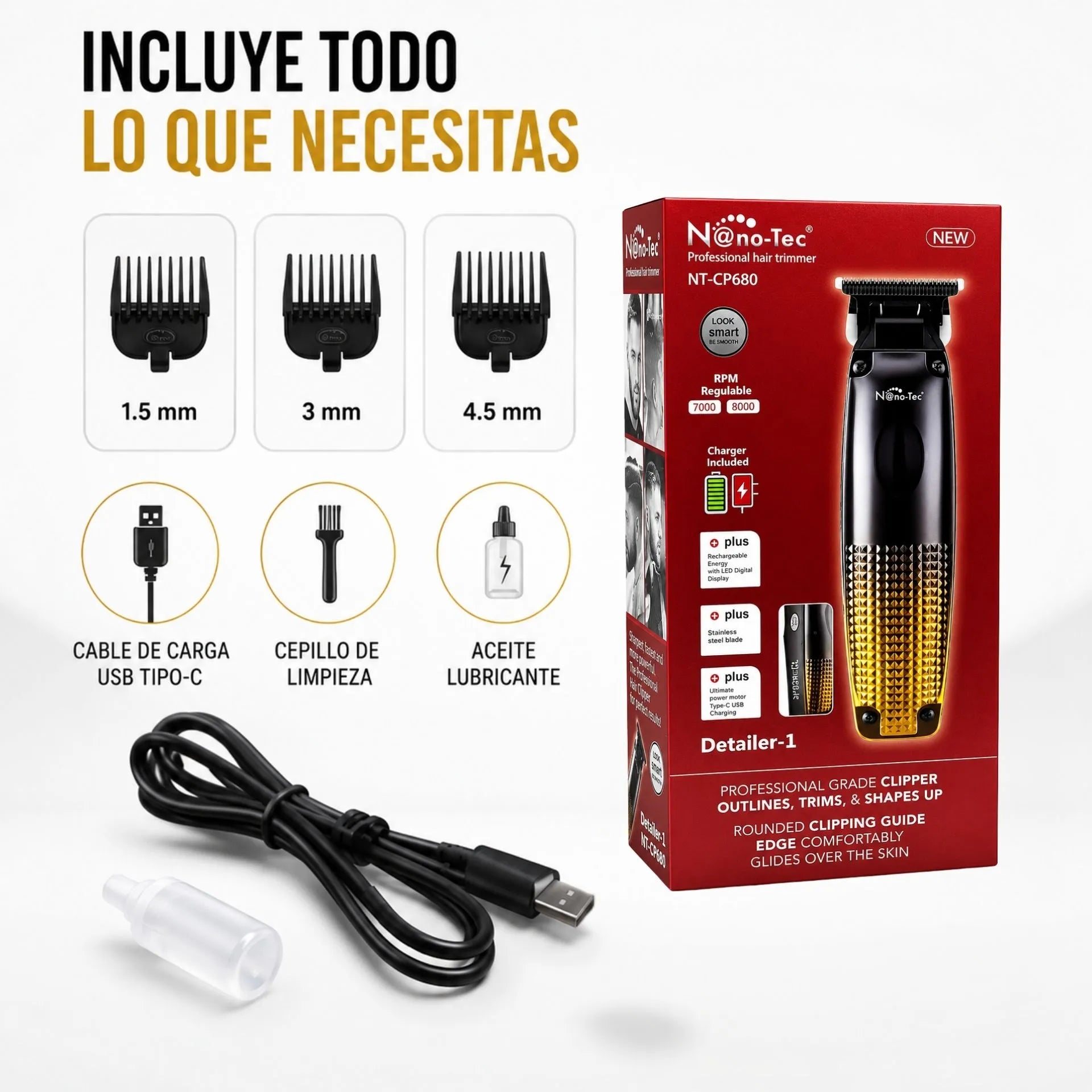 Trimmer Profesional Recargable Con Pantalla LED y Peines Guía Nano-Tec NT-CP680