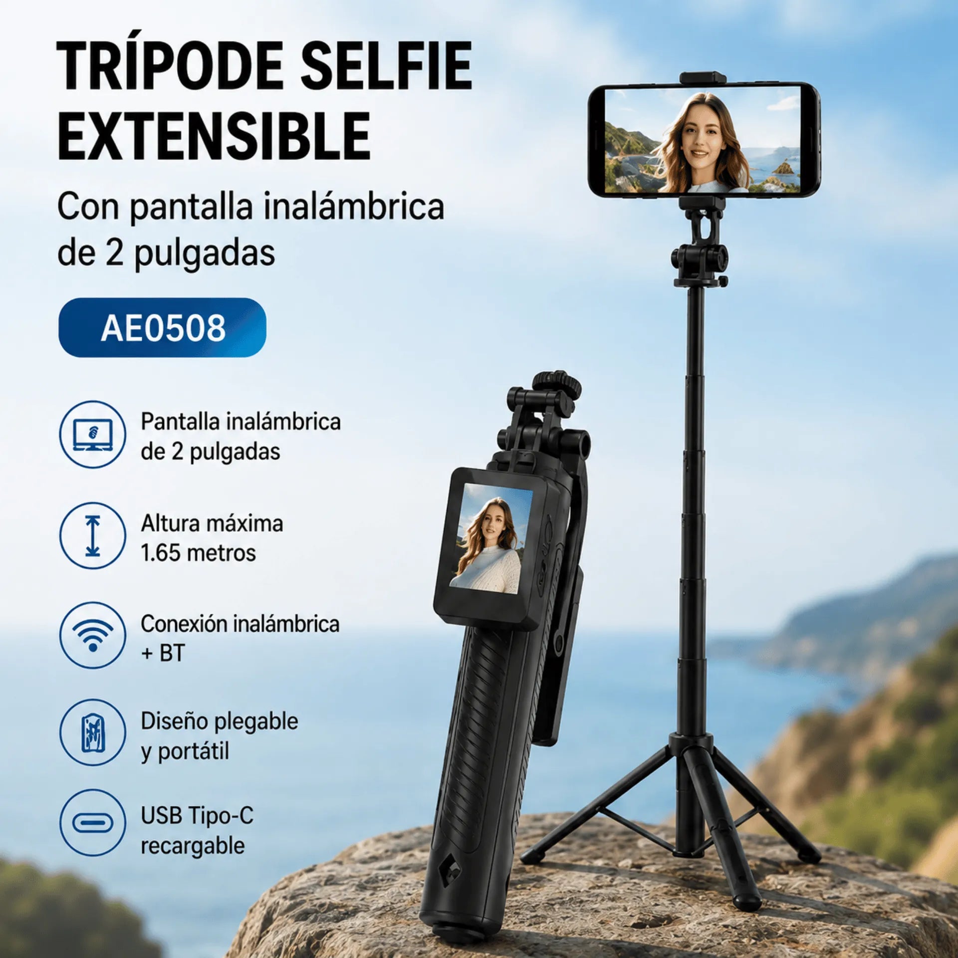 Trípode Selfie Extensible Con Pantalla Inalámbrica De 2 Pulgadas AE0508