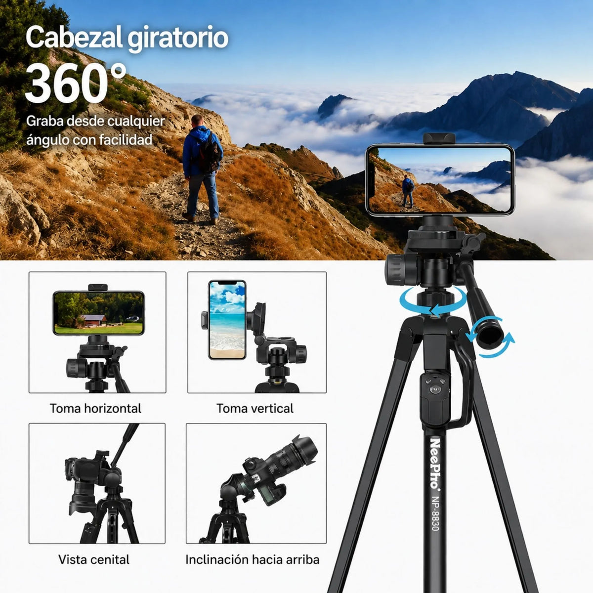 Trípode Profesional para Cámara y Celular Extensible 1.55 Metros NeePho NP-8830