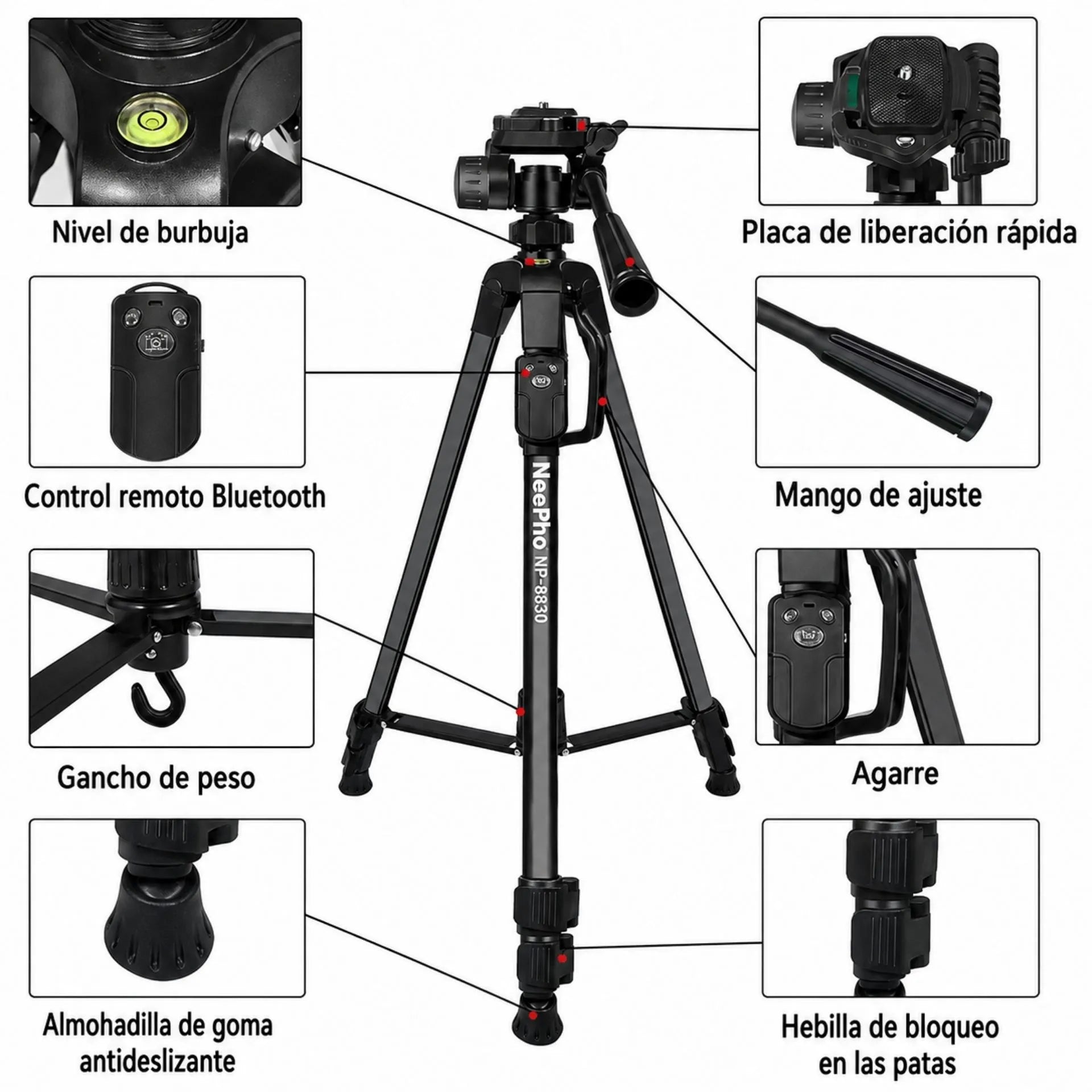 Trípode Profesional para Cámara y Celular Extensible 1.55 Metros NeePho NP-8830