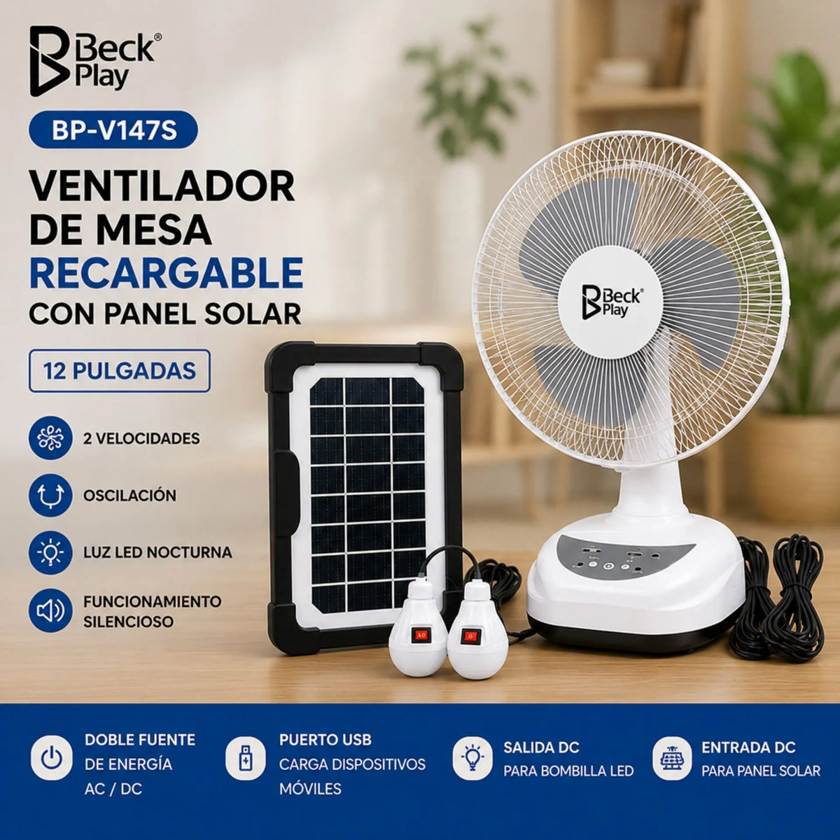 Ventilador De Mesa Recargable 12 Pulgadas Con Panel Solar Beck Play BP-V147S