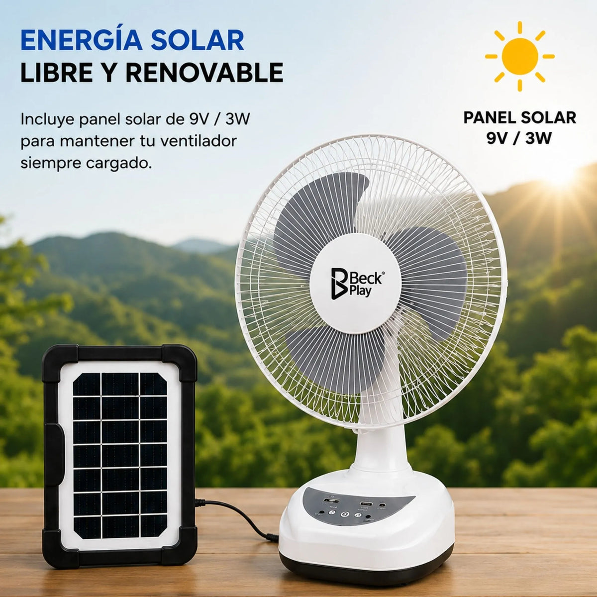 Ventilador De Mesa Recargable 12 Pulgadas Con Panel Solar Beck Play BP-V147S