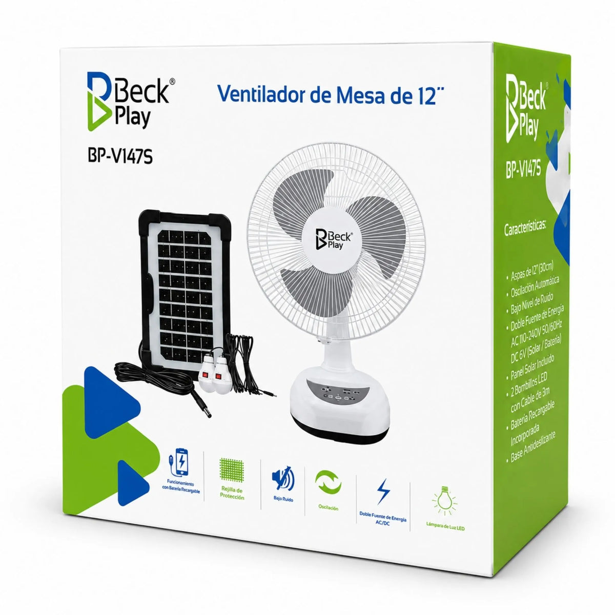 Ventilador De Mesa Recargable 12 Pulgadas Con Panel Solar Beck Play BP-V147S