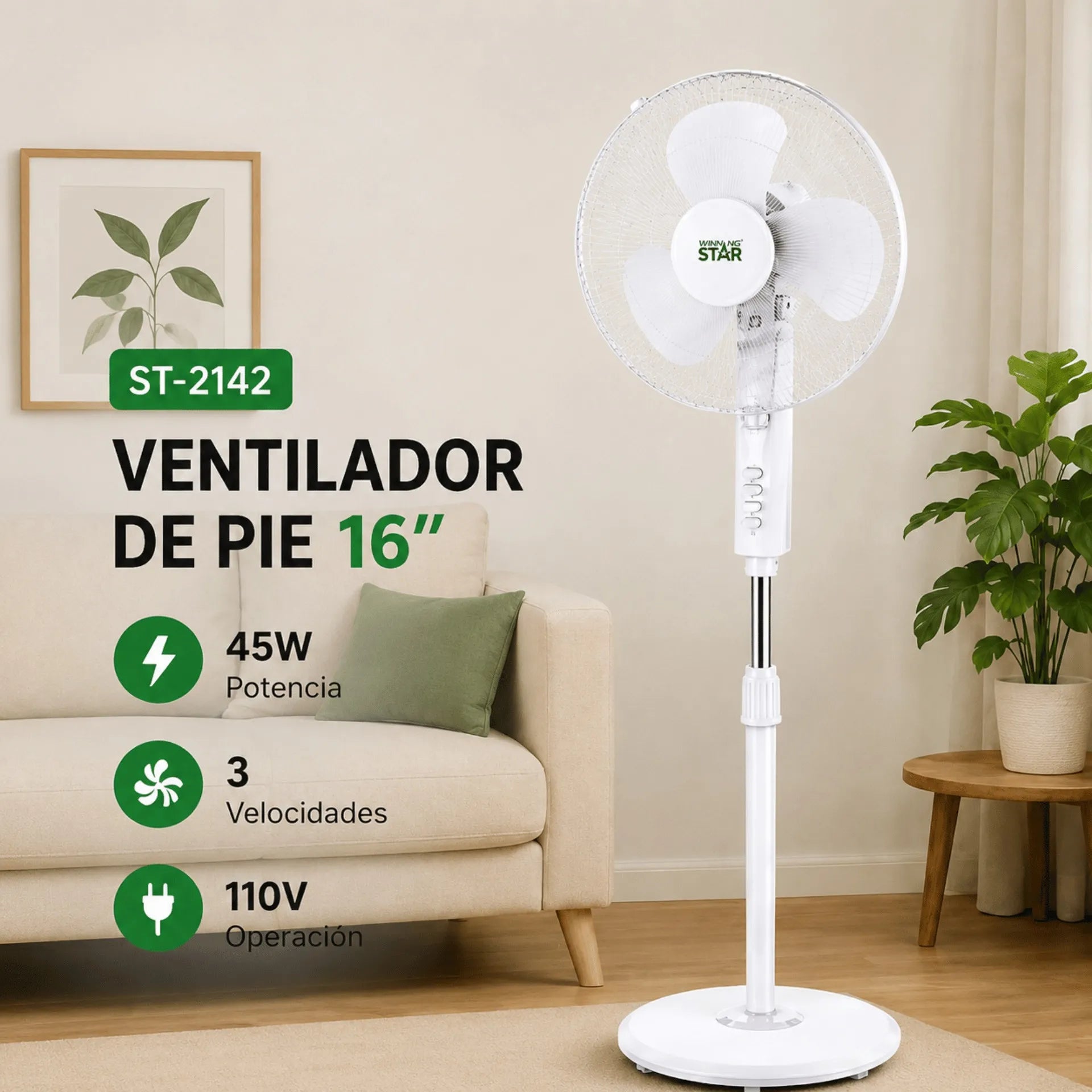 Ventilador De Pedestal Winning Star 16" Con Oscilación, Altura Ajustable y 3 Velocidades ST-2142