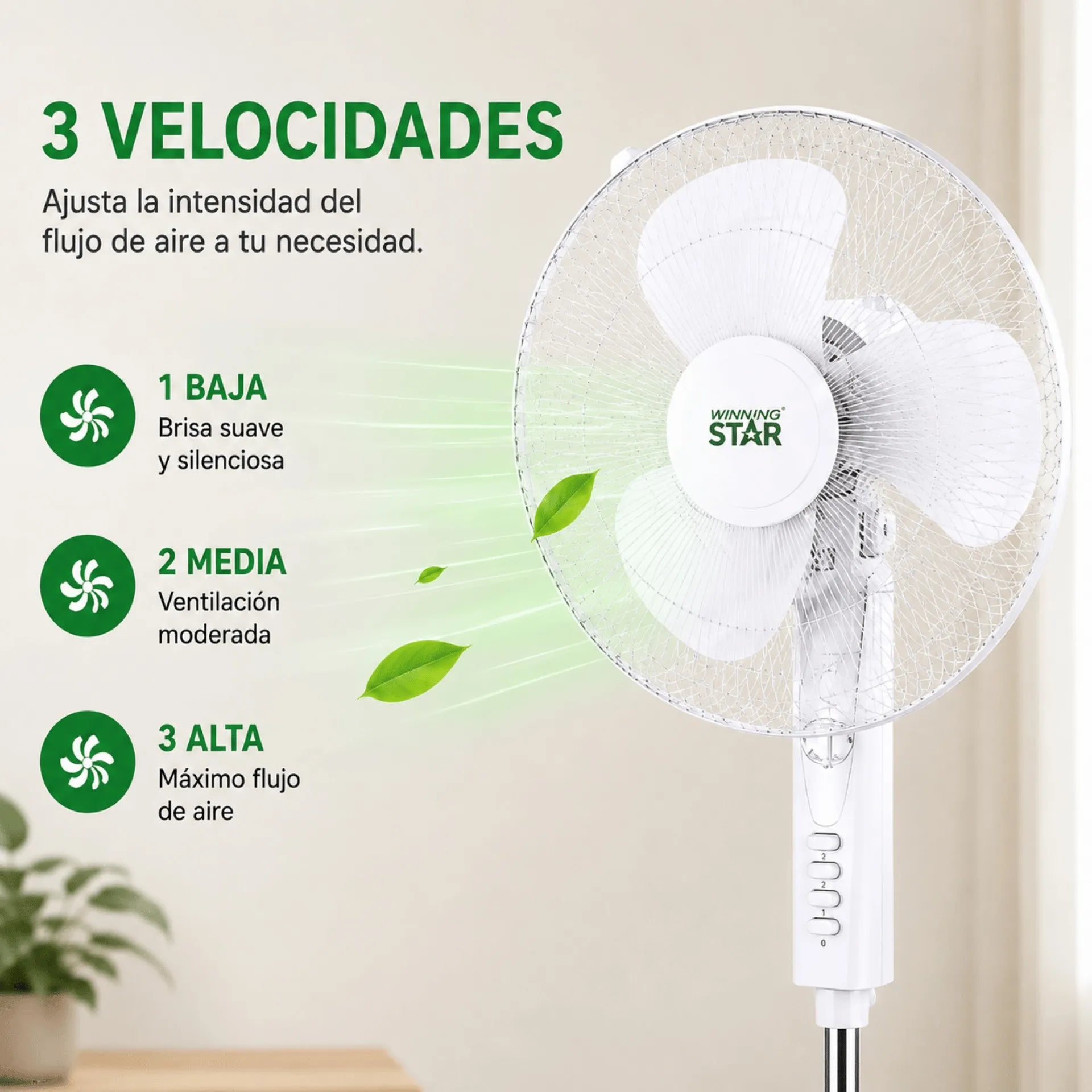 Ventilador De Pedestal Winning Star 16" Con Oscilación, Altura Ajustable y 3 Velocidades ST-2142