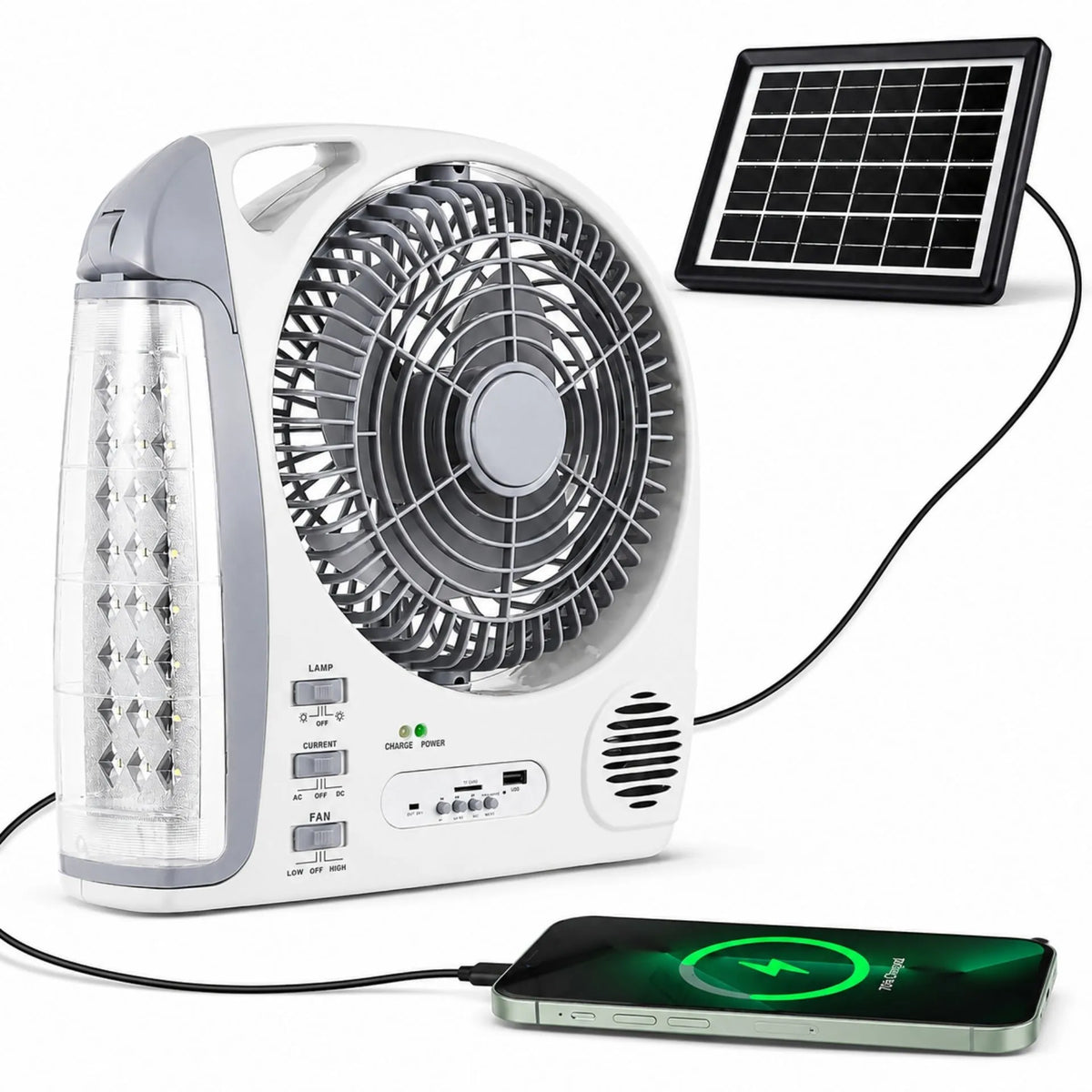 Ventilador Recargable 8 Pulgadas 6 En 1 Con Lámpara LED Y Panel Solar Beck Play BP-V152S