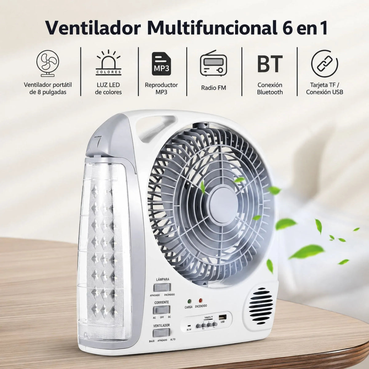 Ventilador Recargable 8 Pulgadas 6 En 1 Con Lámpara LED Y Panel Solar Beck Play BP-V152S