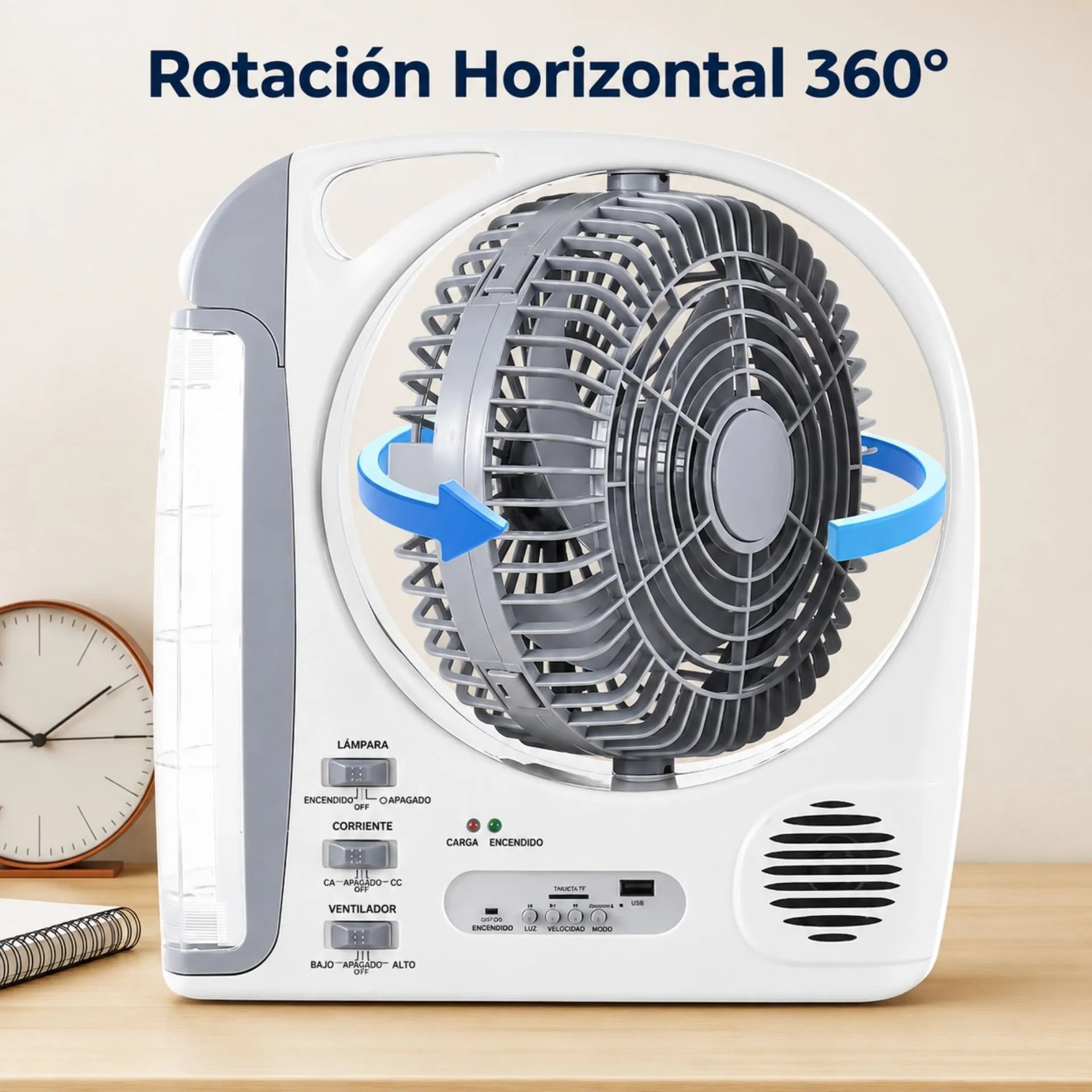 Ventilador Recargable 8 Pulgadas 6 En 1 Con Lámpara LED Y Panel Solar Beck Play BP-V152S
