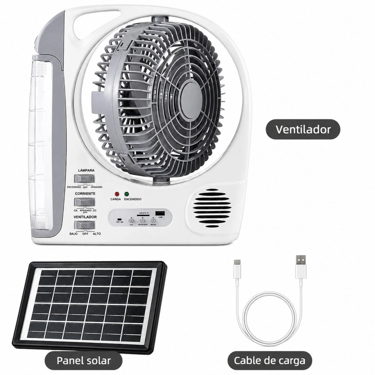 Ventilador Recargable 8 Pulgadas 6 En 1 Con Lámpara LED Y Panel Solar Beck Play BP-V152S