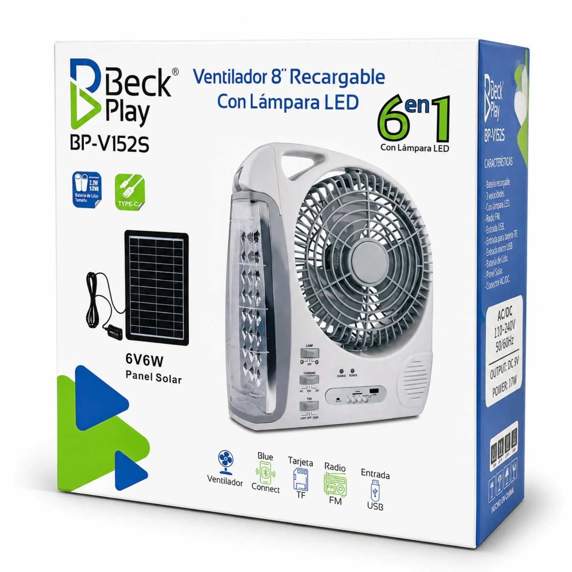 Ventilador Recargable 8 Pulgadas 6 En 1 Con Lámpara LED Y Panel Solar Beck Play BP-V152S
