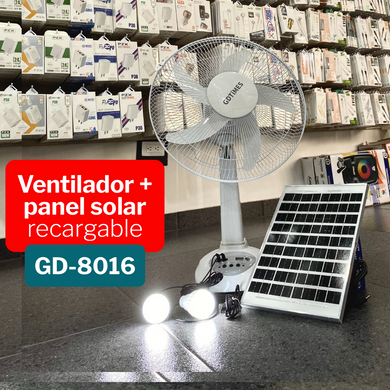 Ventilador Recargable con panel solar bombillos LED GD-8016 ¡Envio Gratis!