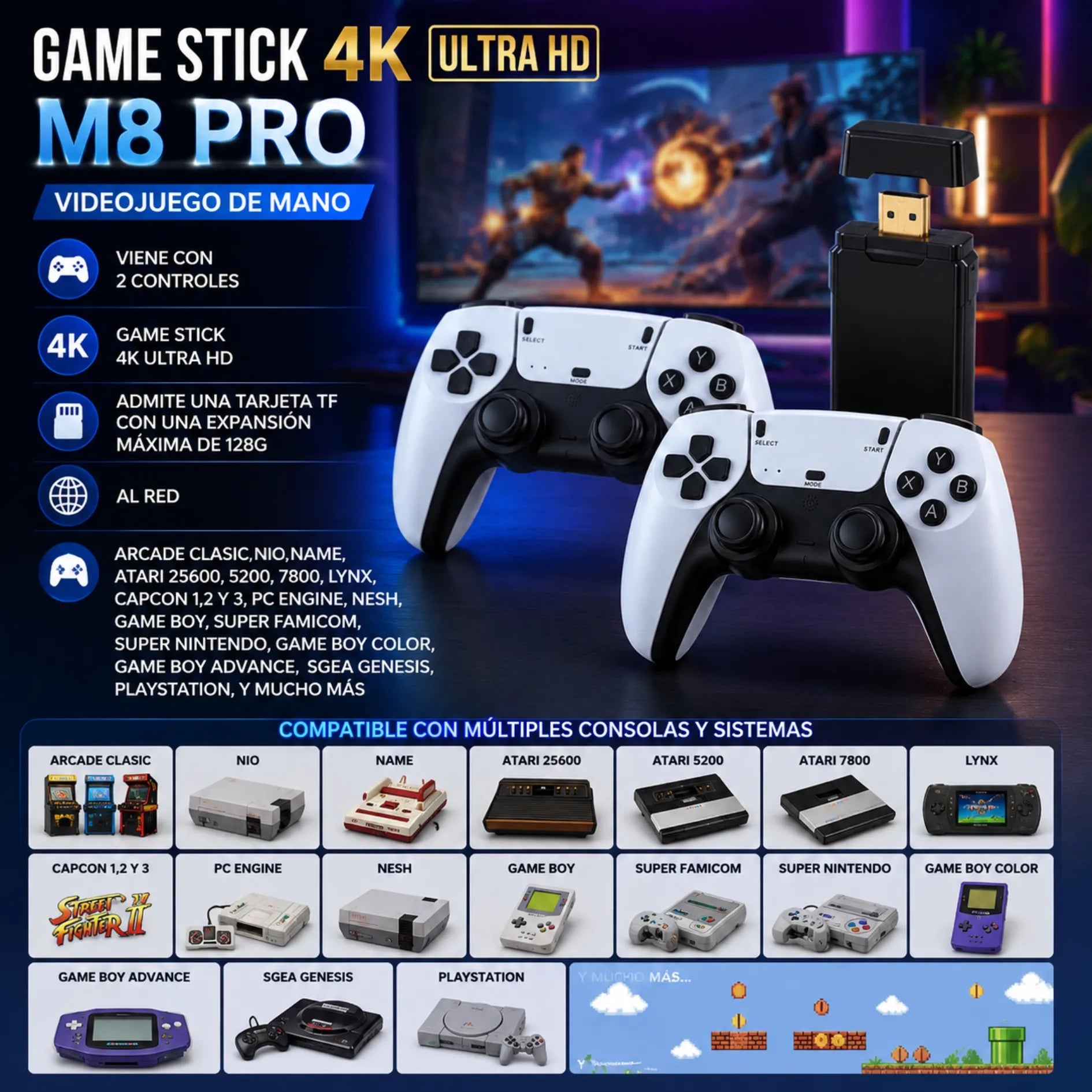 Videojuego De Mano Game Stick 4K Ultra HD Con 2 Controles M8 PRO