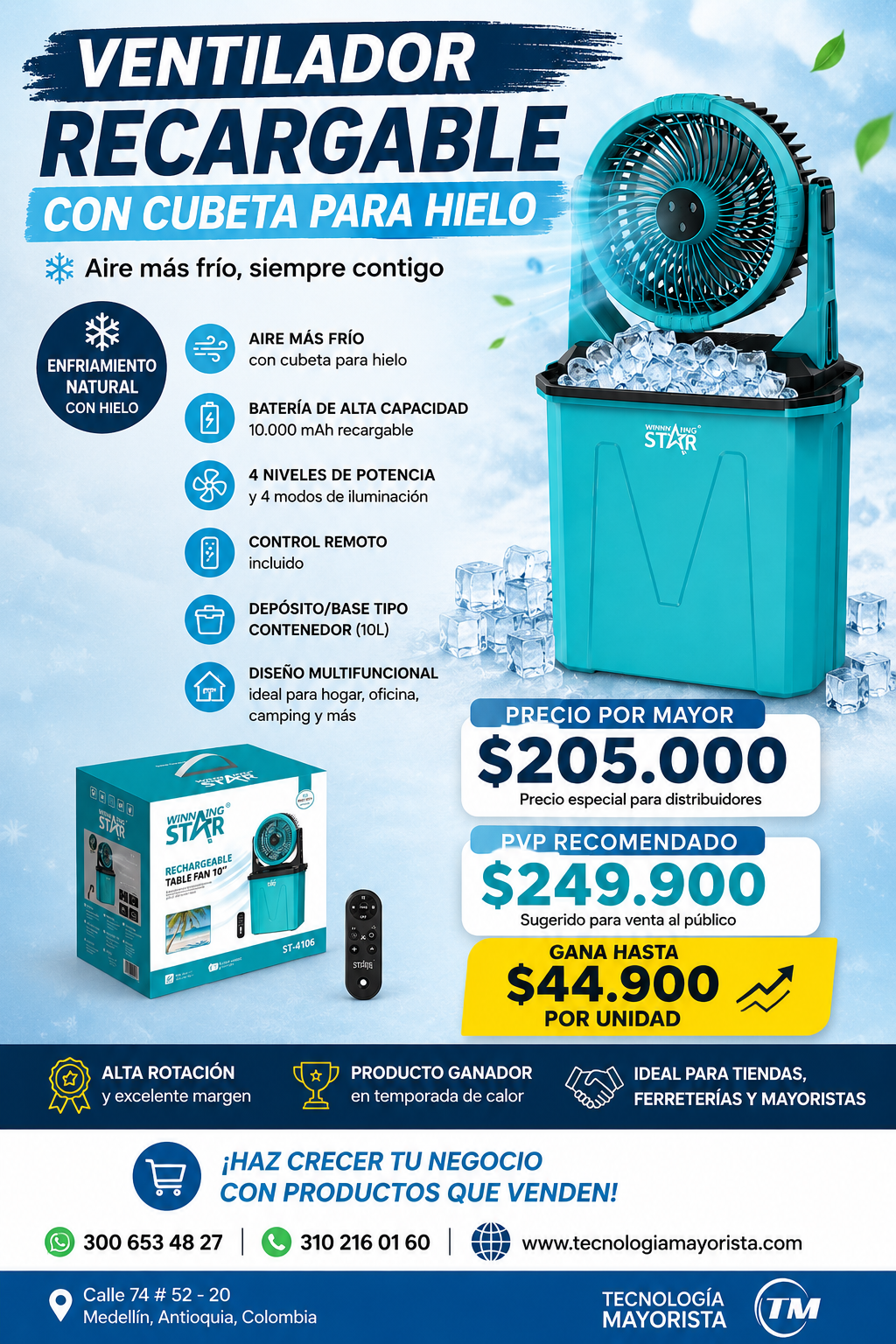 Ventilador Recargable Winning Star De 10" Con Humidificador, Control Remoto y Batería De 10.000 mAh ST-4106