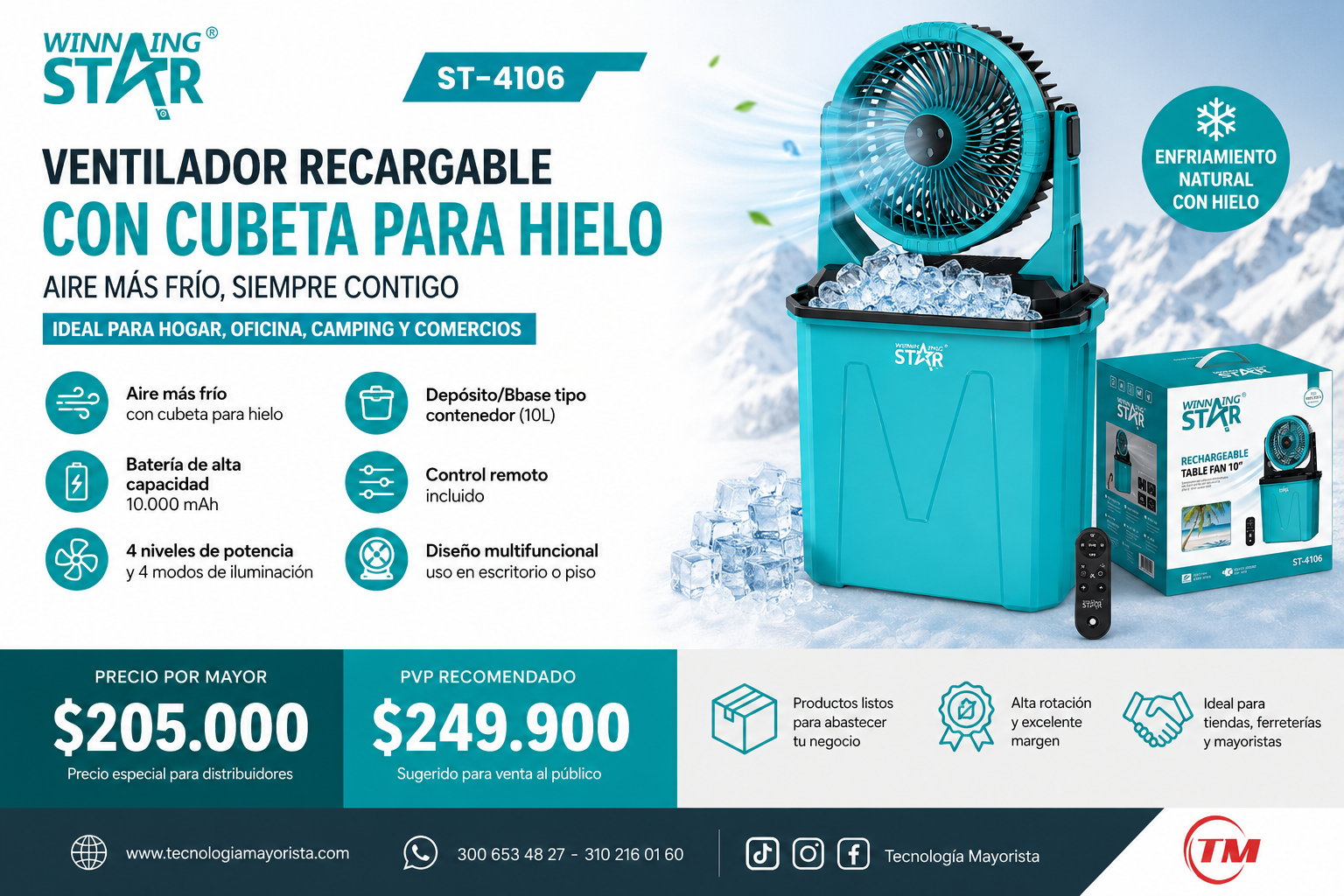 Ventilador Recargable Winning Star De 10" Con Humidificador, Control Remoto y Batería De 10.000 mAh ST-4106