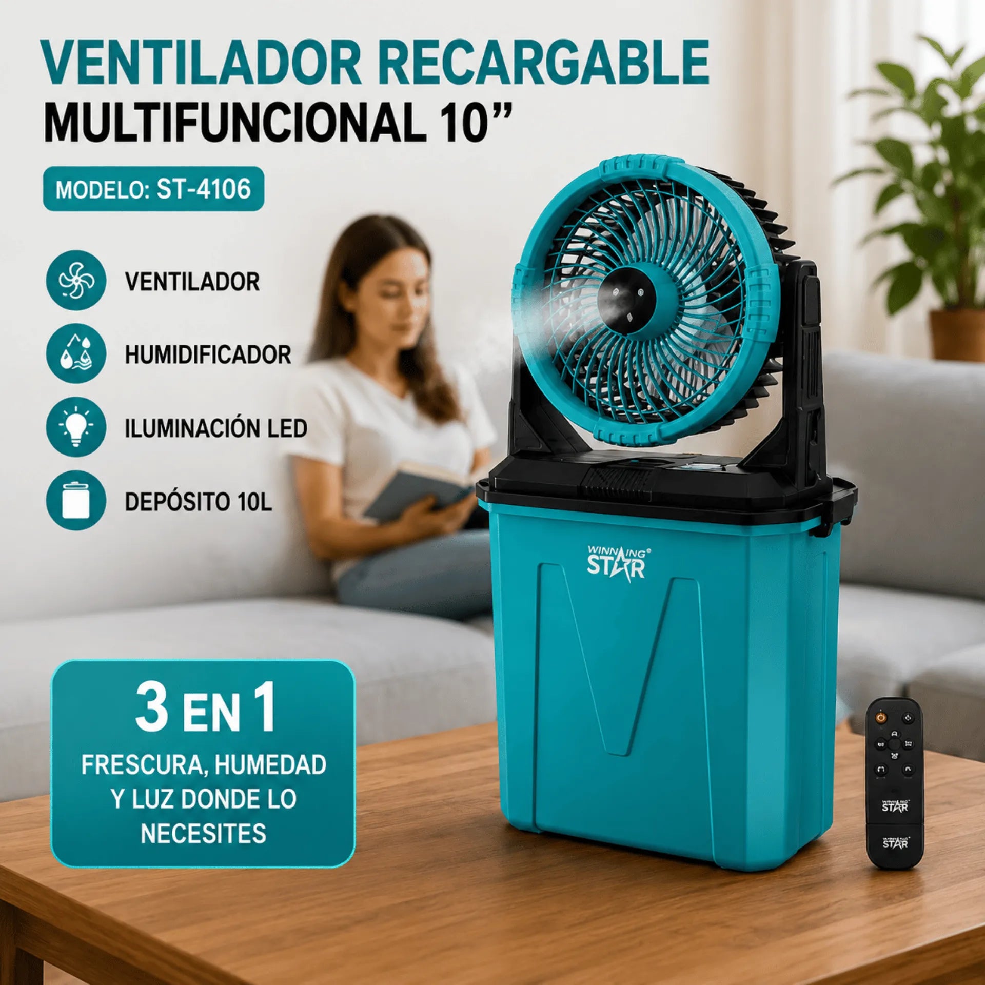 Ventilador Recargable Winning Star De 10" Con Humidificador, Control Remoto y Batería De 10.000 mAh ST-4106
