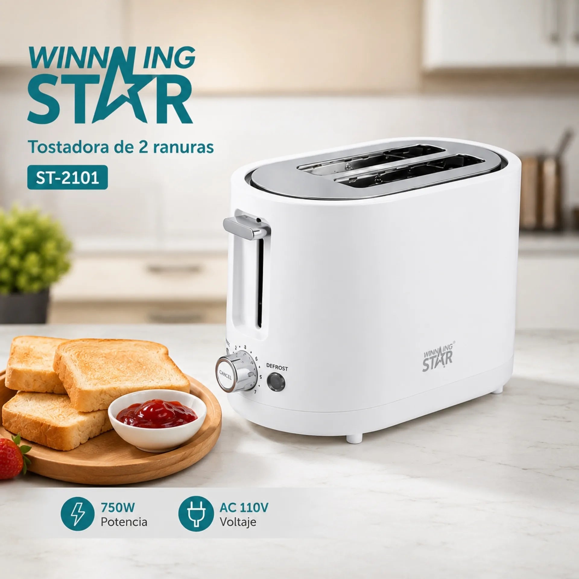 Tostadora Eléctrica Winning Star Con 2 Ranuras, Control De Tostado y Función Descongelar ST-2101