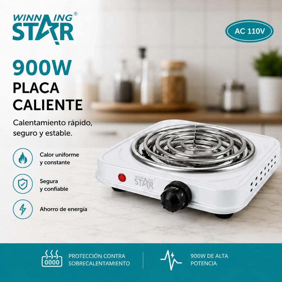 Estufa Eléctrica Portátil 1000W Con Control De Temperatura Y Protección Winning Star ST-2261