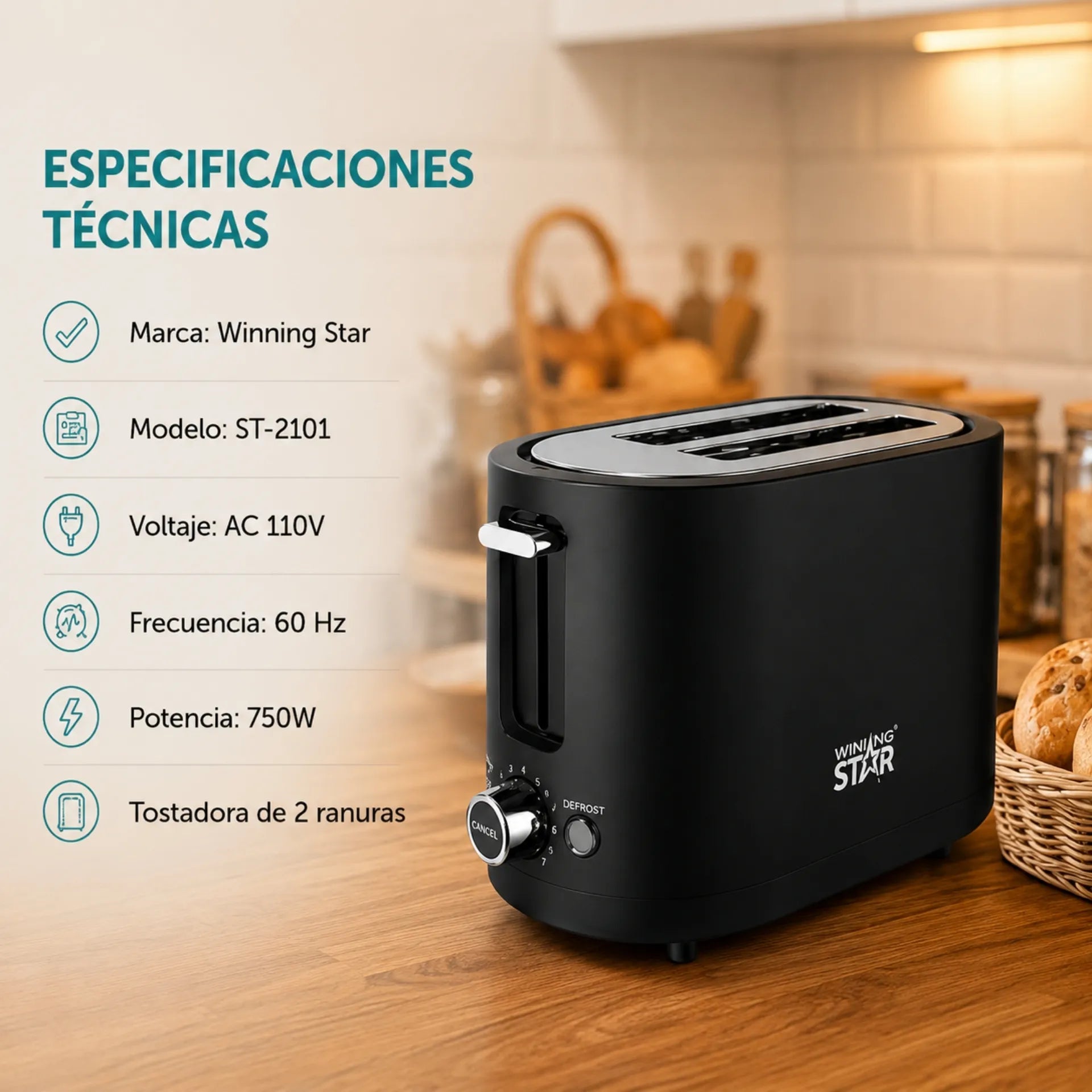 Tostadora Eléctrica Winning Star Con 2 Ranuras, Control De Tostado y Función Descongelar ST-2101