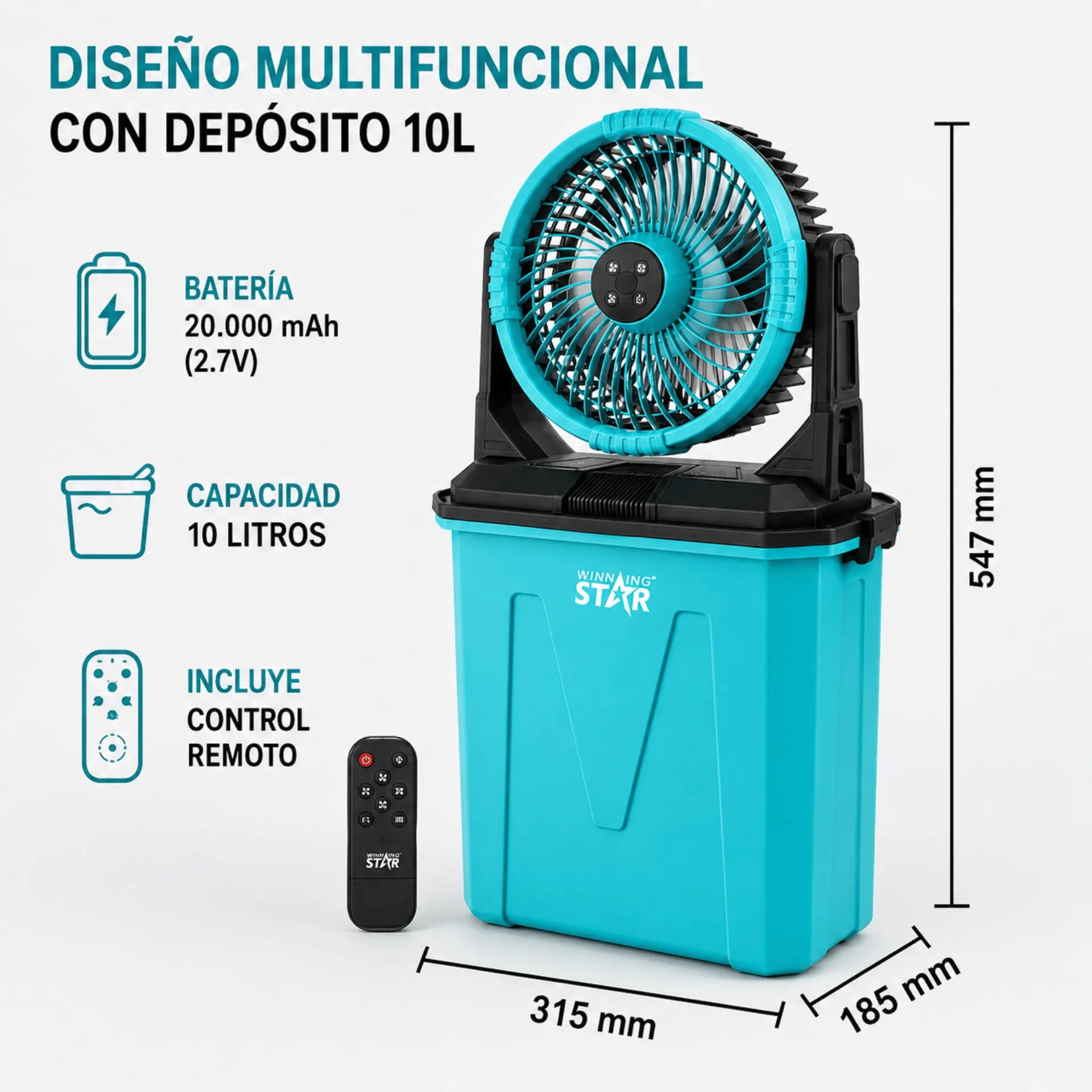 Ventilador Recargable Winning Star De 10" Con Humidificador, Control Remoto y Batería De 10.000 mAh ST-4106