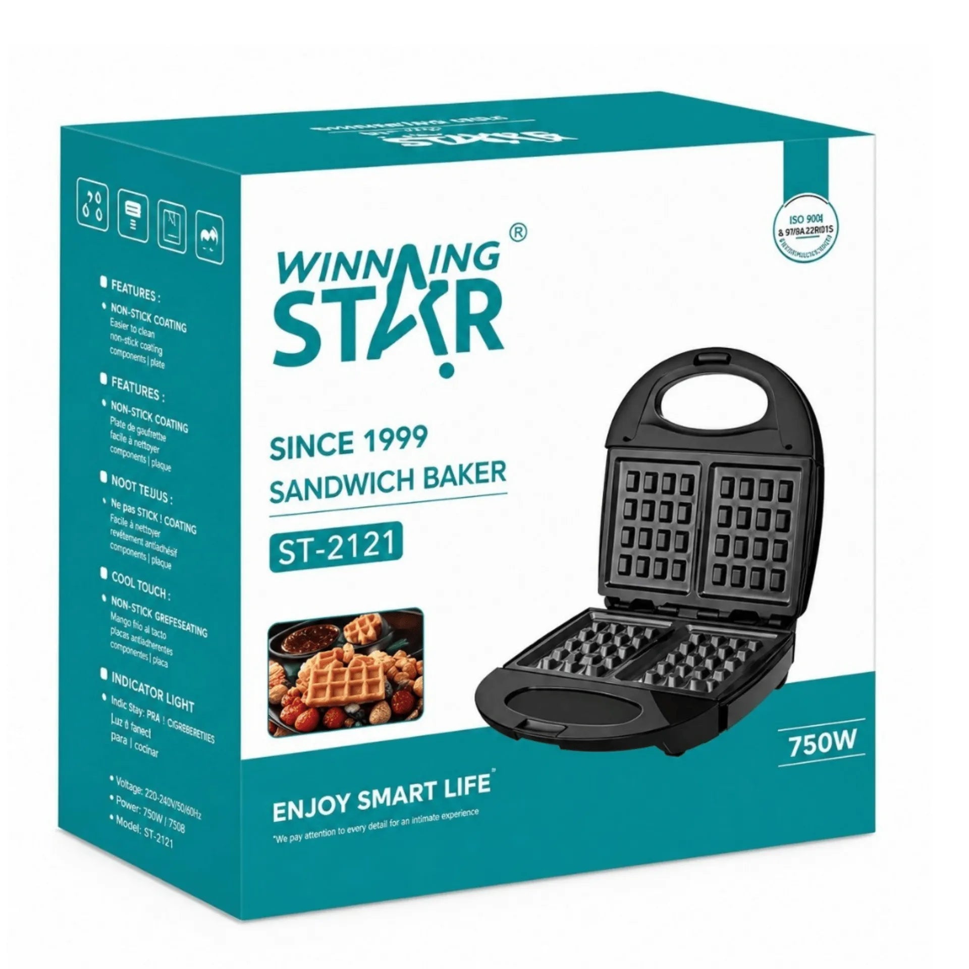 Waflera Winning Star Con Doble Molde Antiadherente y Potencia de 750W ST-2121