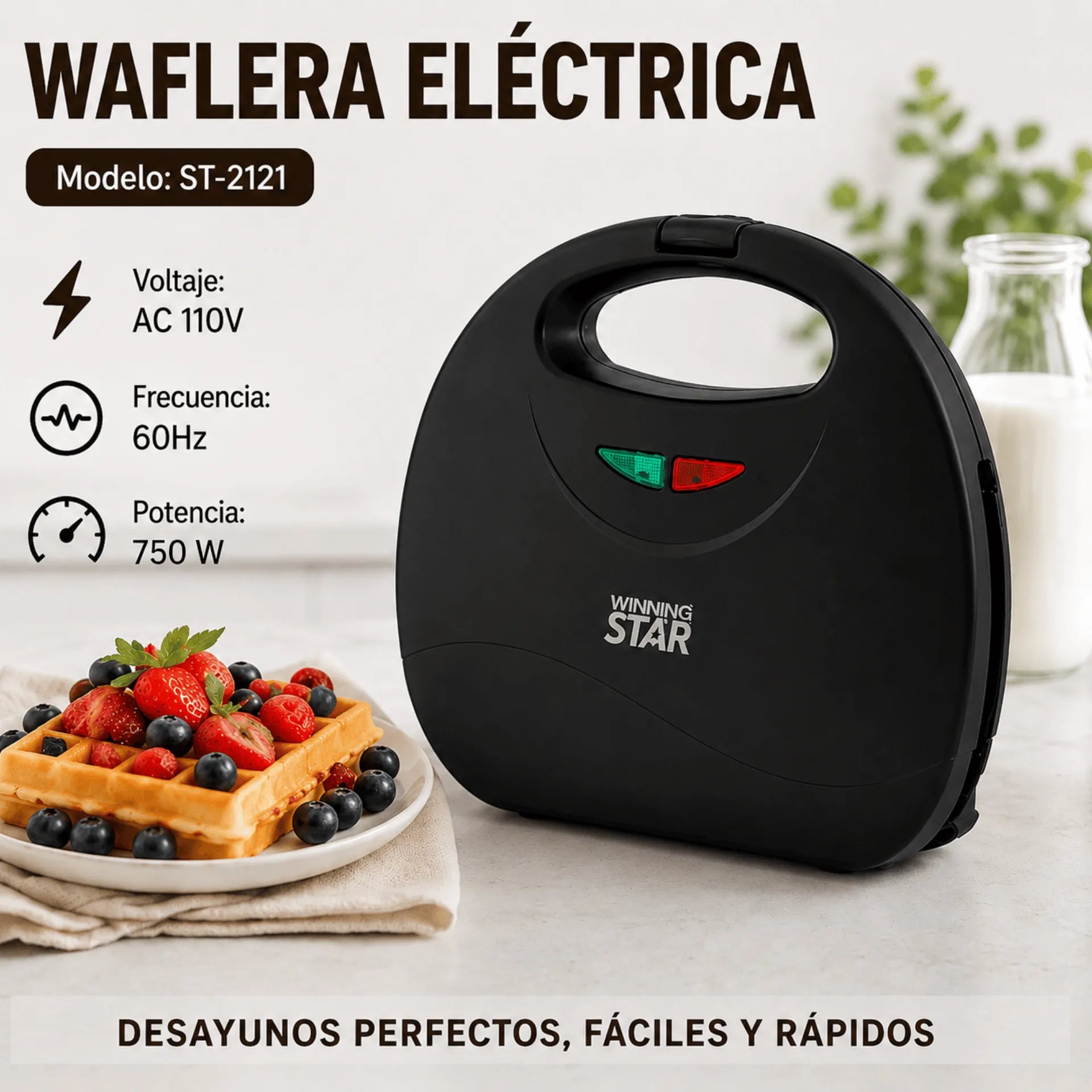 Waflera Winning Star Con Doble Molde Antiadherente y Potencia de 750W ST-2121