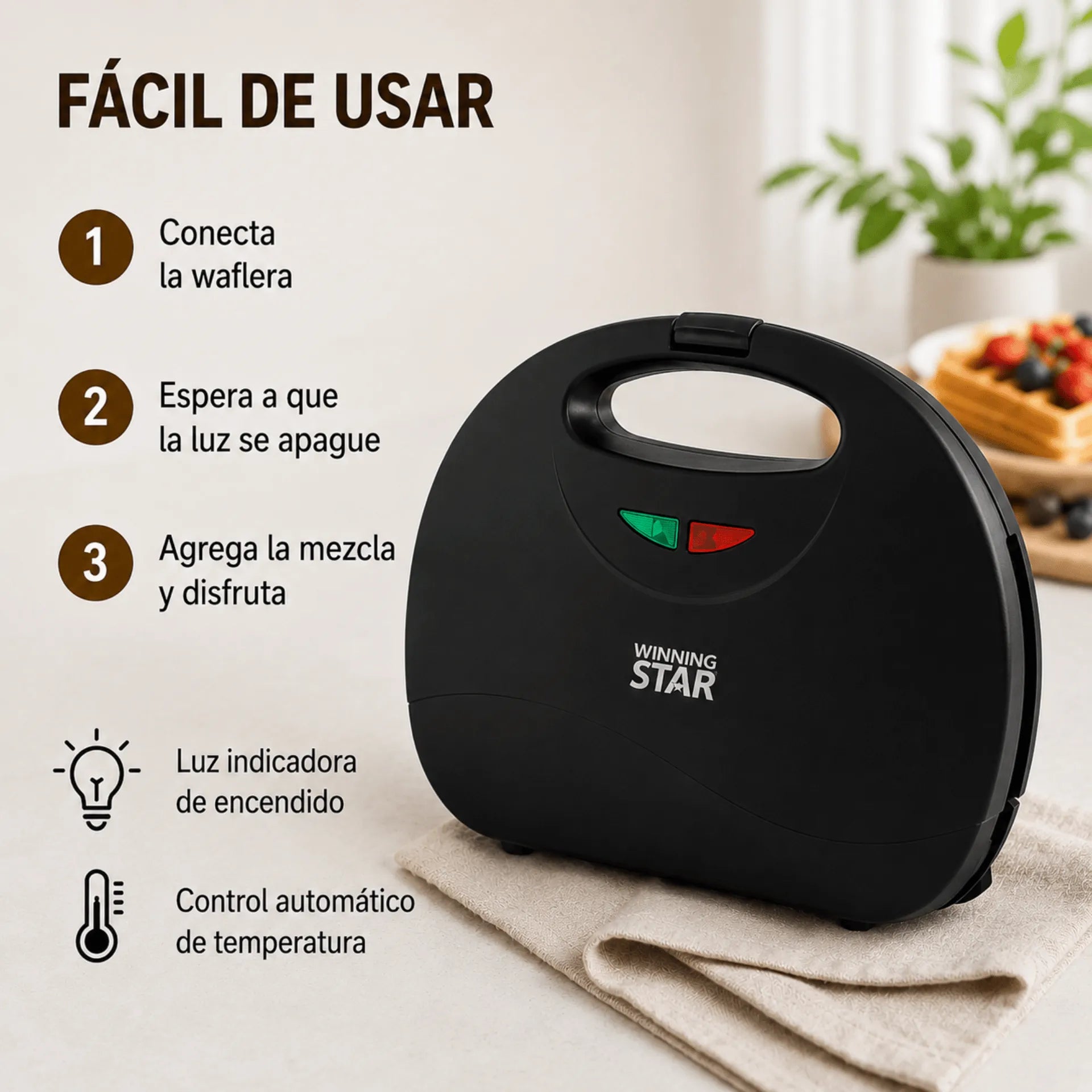 Waflera Winning Star Con Doble Molde Antiadherente y Potencia de 750W ST-2121