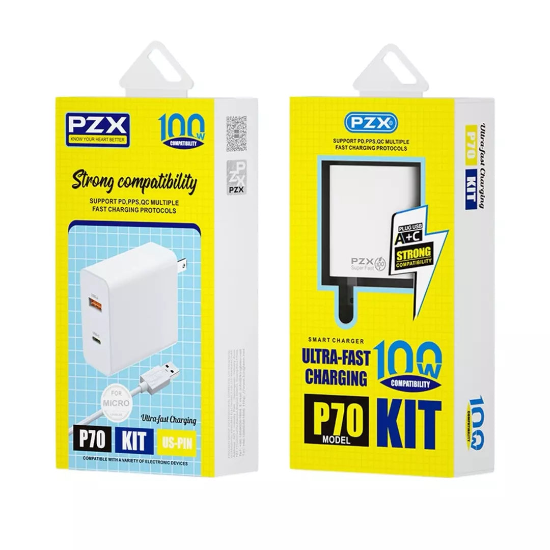 Cargador PZX Carga Rápida Cabezal Con 2 Entradas + Cable P70 TYPEC